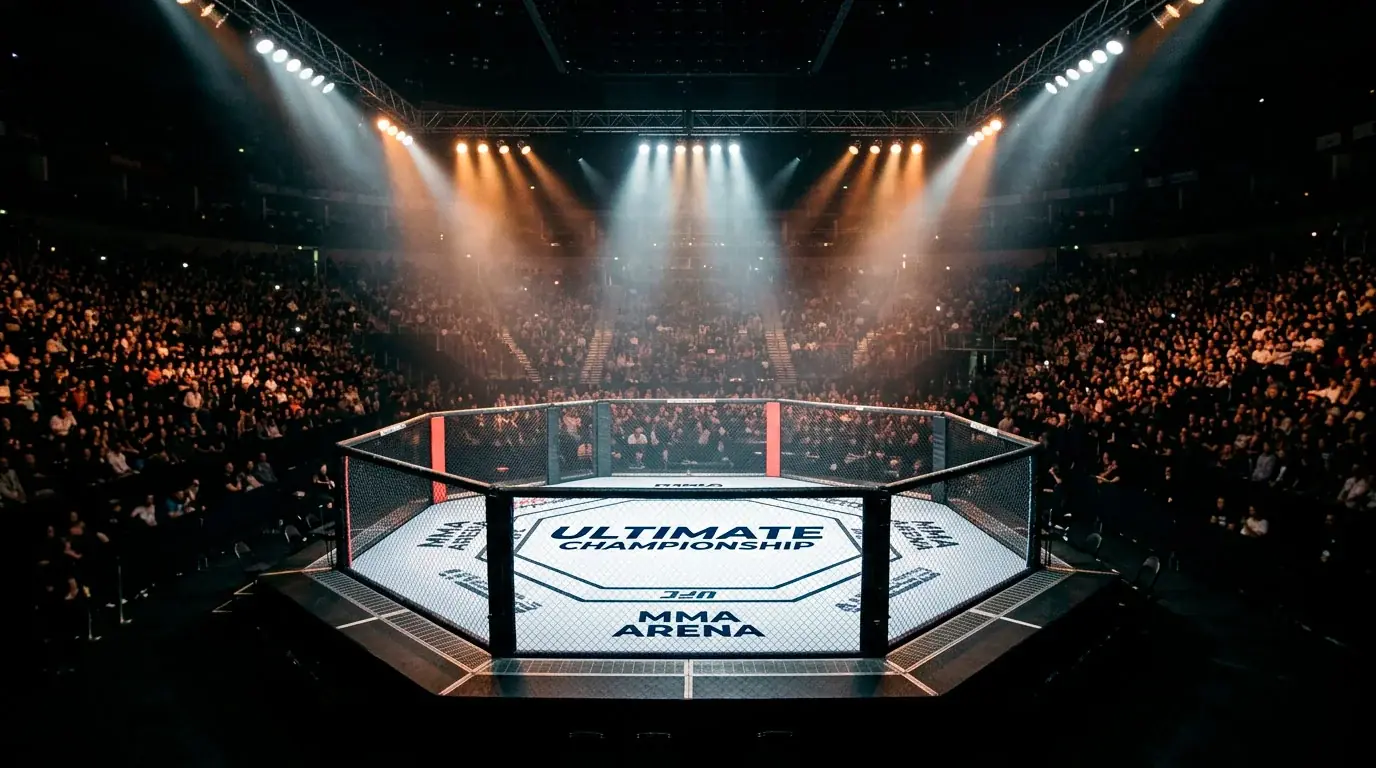 UFC octagon arena illuminated under dramatic event lighting during a major fight night