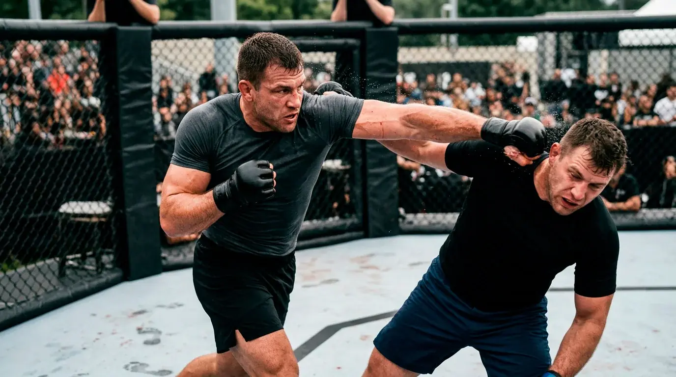 A UFC heavyweight throwing a powerful overhand punch inside the octagon during a fight