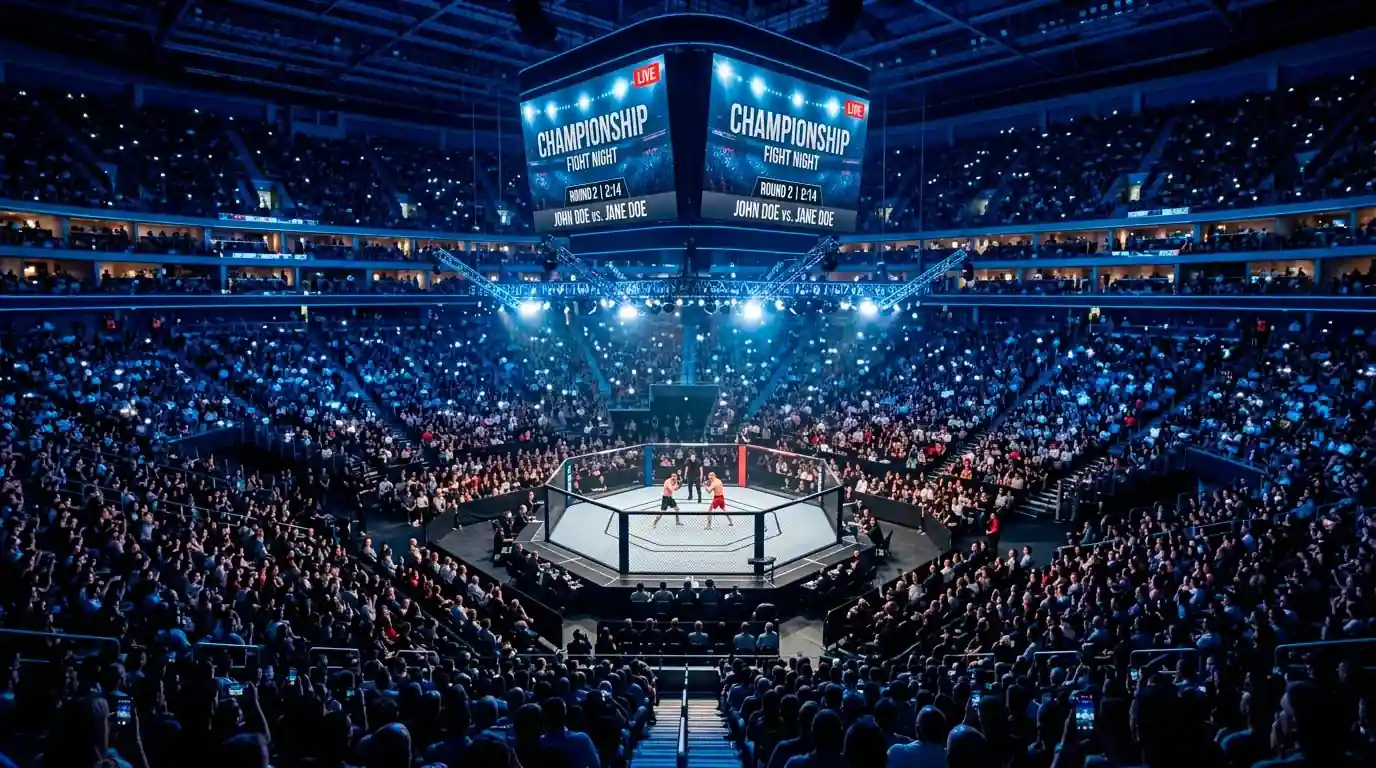 Packed arena with spectators watching a live UFC fight inside the octagon