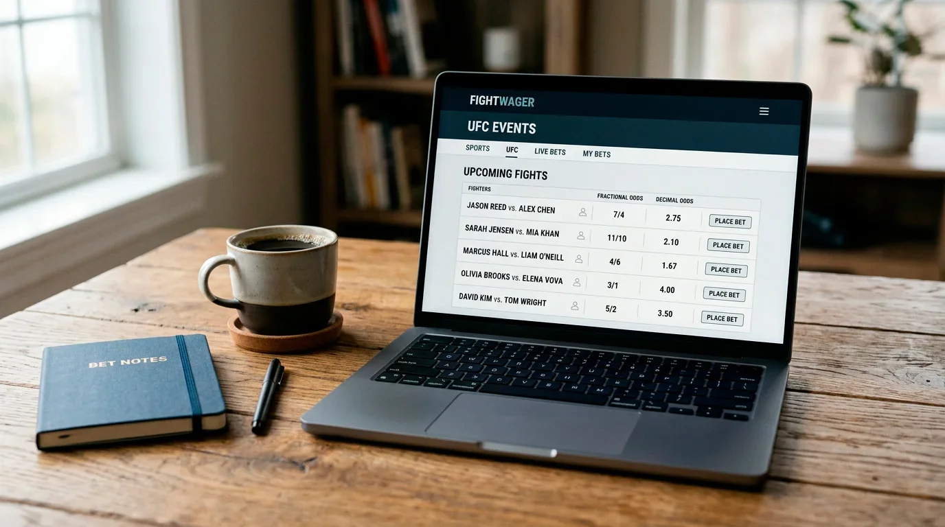 Close-up of a laptop screen displaying UFC fight odds in fractional and decimal formats side by side